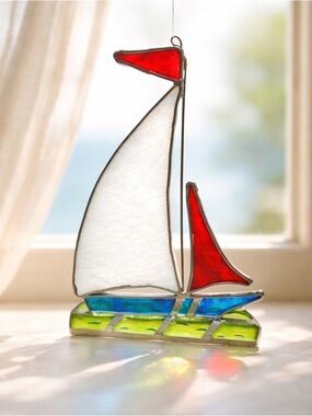 Stained Glass Sailboat Suncatcher Boat Ocean Beach Decor Leaded Artisan Vintage